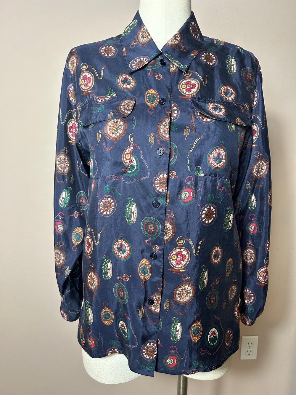 Petite Sophisticate Navy Silk Blouse with Multicolor Pocket Watch Print VTG S
